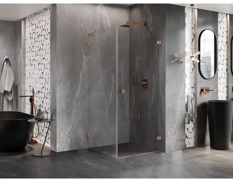 Mexen Lunar-B L výklopný sprchový kút pravý 80 x 80 cm, číre sklo, medená matná, 832L-080-080-65-00-P