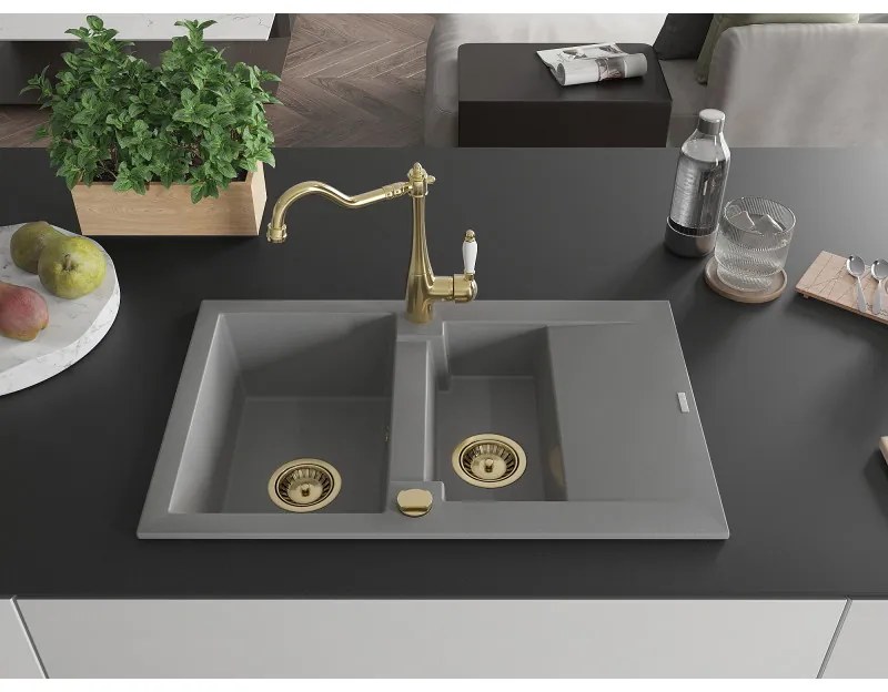 Mexen Gaspar, granitový drez 752x436x161 mm, 1,5-komorový a drezová batéria Carla, šedá, 6507-71-670700-50