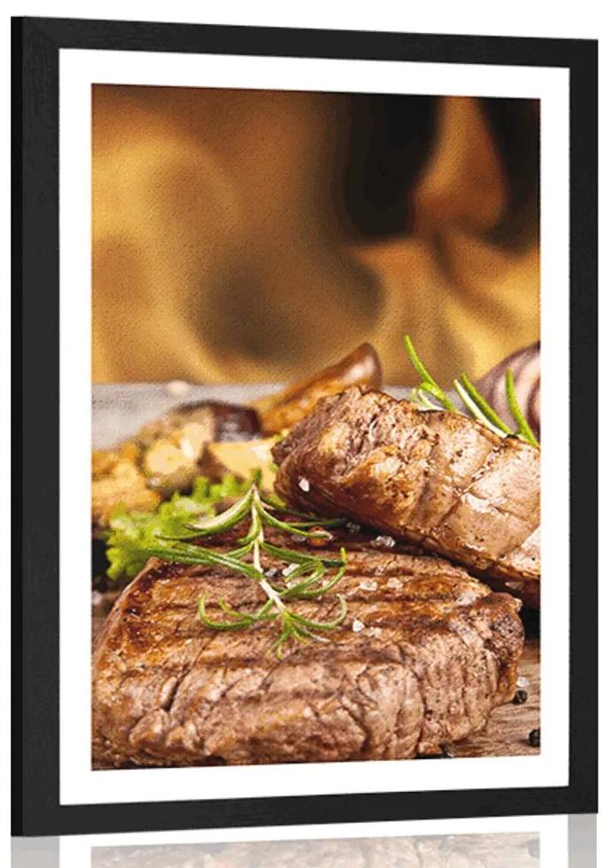 Plagát s paspartou grilovaný hovädzí steak - 60x90 white