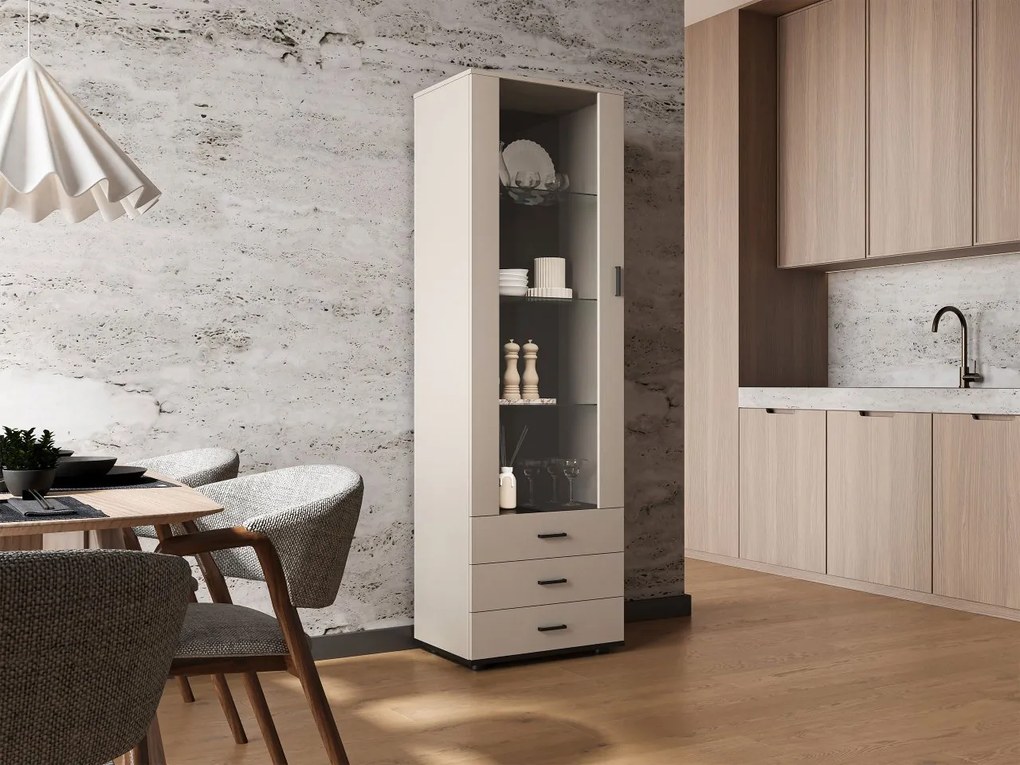 Vitrína Boho B1, Osvetlenie: osvetlenie LED modré, Farby: kašmír / kašmír + čierna