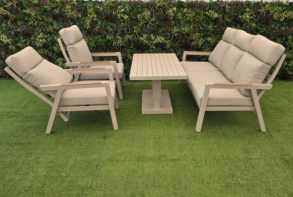 Hliníkový nábytok BURY 3 ALU s polohovateľným stolom a kreslami krémový