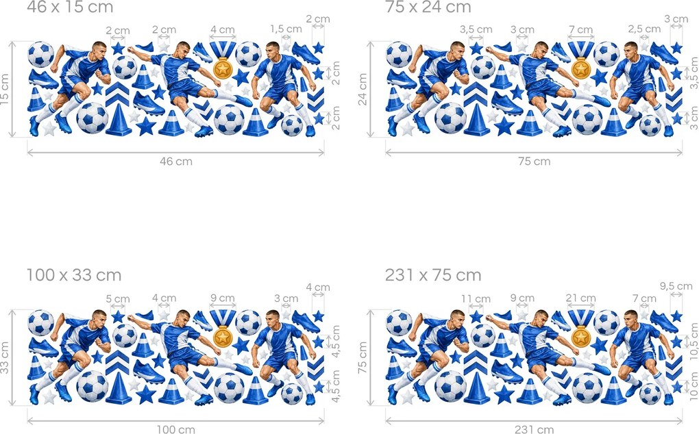 Futbalový tím v modrom športové nálepky na stenu do izby futbalistu hárok 46 x 15 cm