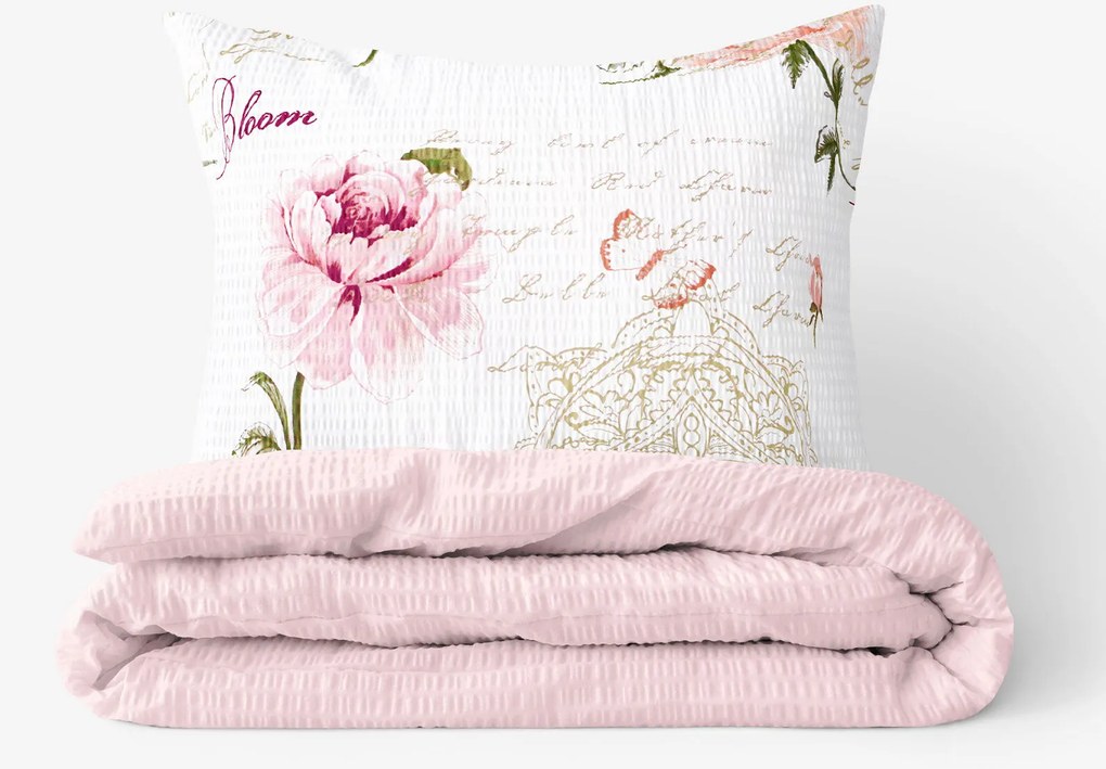 Goldea krepové posteľné obliečky duo - pivonky s textami s púdrovo ružovou 150 x 200 a 50 x 60 cm
