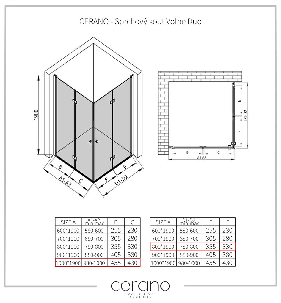 CERANO - Sprchovací kút Volpe Duo L/P - čierna matná, transparentné sklo - 100x80 cm - skladacia, CER-CER-480166