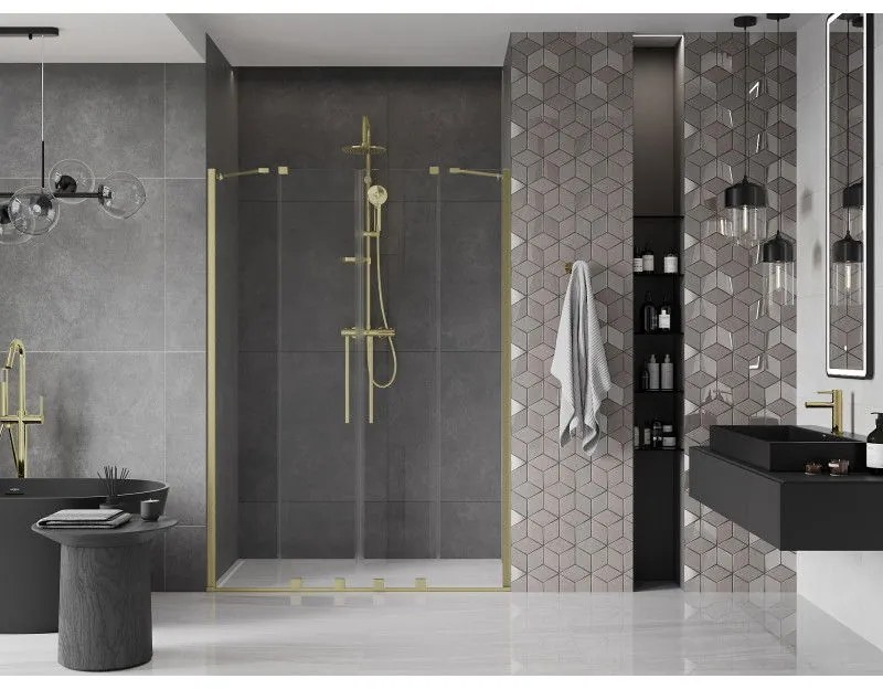 Mexen Velar Duo, posuvné dvere do otvoru 140x200 cm, 8mm číre sklo, zlatá matná, 871-140-000-02-55
