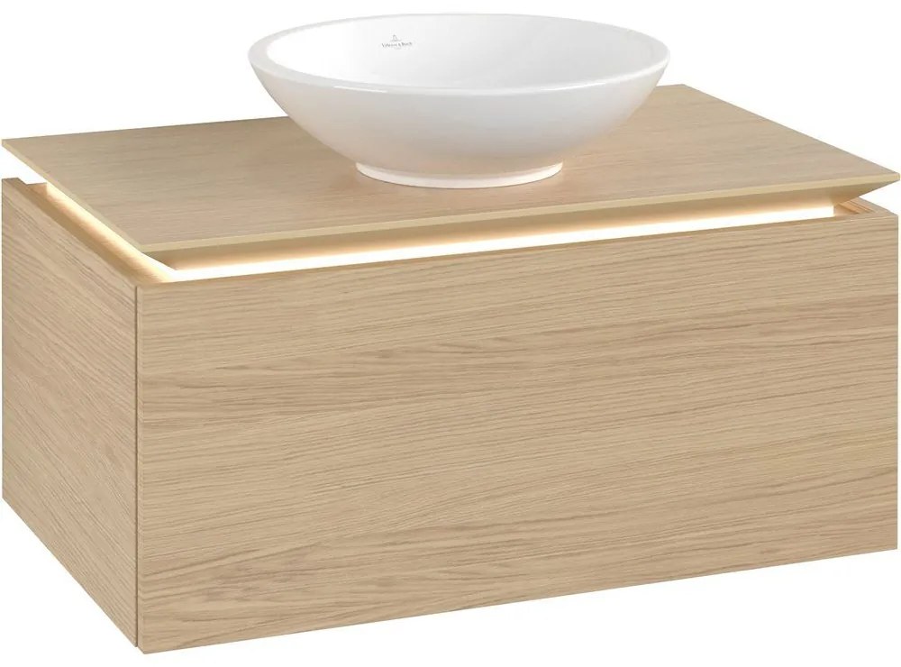 VILLEROY &amp; BOCH Legato závesná skrinka pod umývadlo na dosku (umývadlo v strede), 1 zásuvka, s LED osvetlením, 800 x 500 x 380 mm, Nordic Oak, B569L0VJ