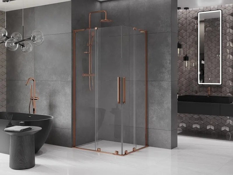 Mexen Velar L Duo, sprchový kút s posuvnými dverami 90 x 80 cm, 8mm číre sklo, ružové zlato, 871-090-080-02-03-60