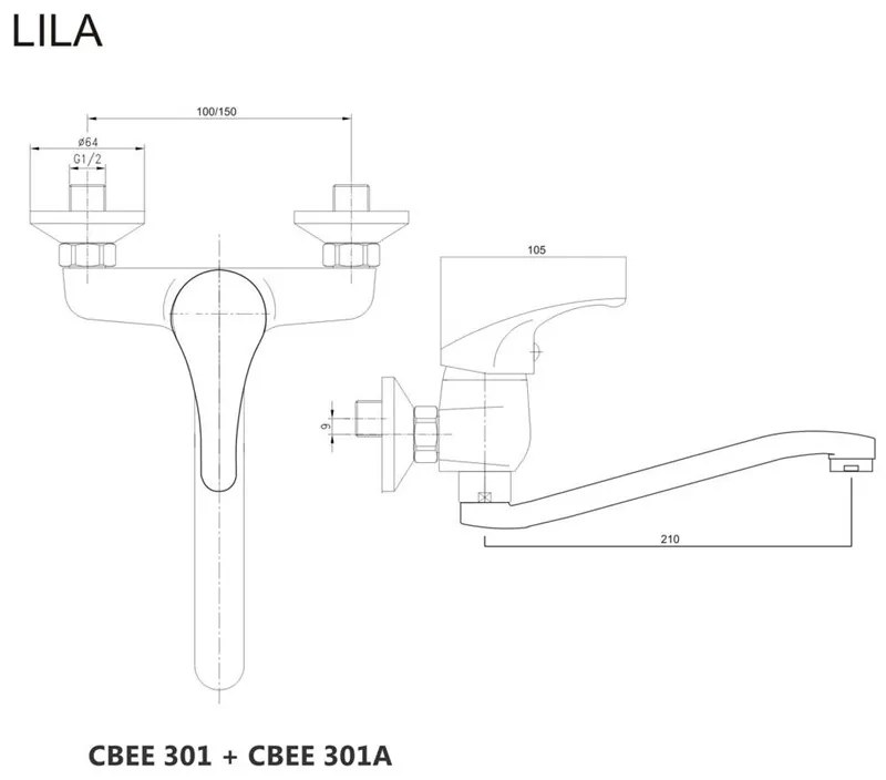 Mereo, Drezová nástenná baterie, Lila, s ramienkom plochým vyhnutým 210 mm, chróm, MER-CBEE301A