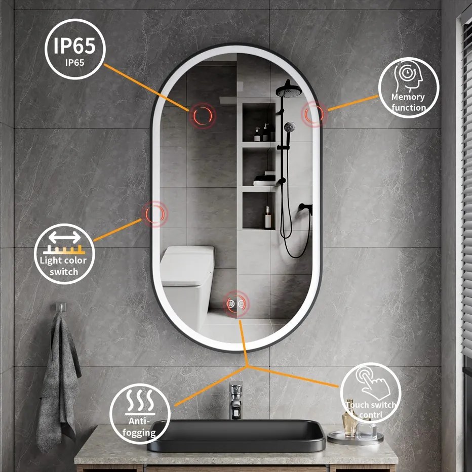 Erga Gwen, oválne LED zrkadlo 50x90cm v čiernom kovovom ráme, 3 farby svetla, predné osvetlenie, vyhrievacia podložka proti zapareniu, ERG-V01-GWEN-5090-BK