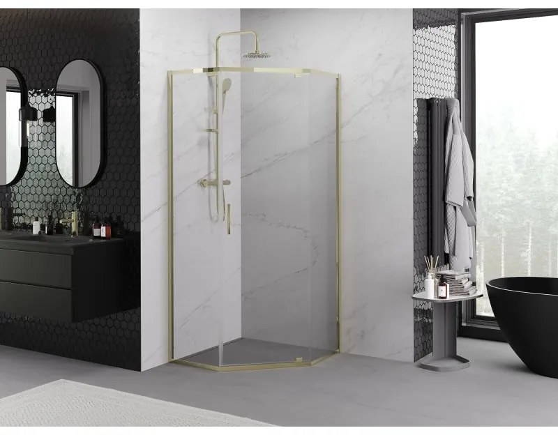 Mexen Exo, päťuholníkový výklopný sprchový kút 80 x 80 cm, číre sklo, zlatá, 812-080-080-50-00