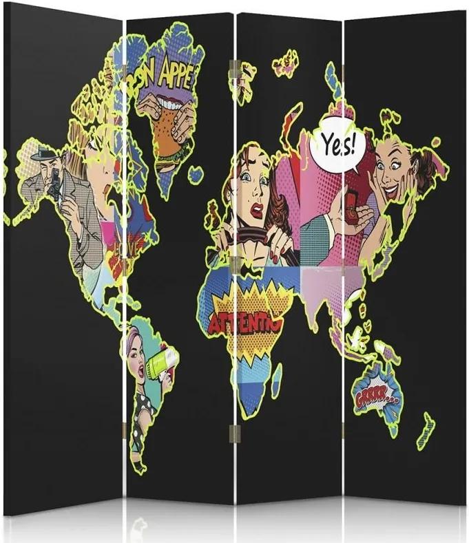 CARO Paraván - A Black Map Of The World Pop Art | štvordielny | jednostranný 145x150 cm