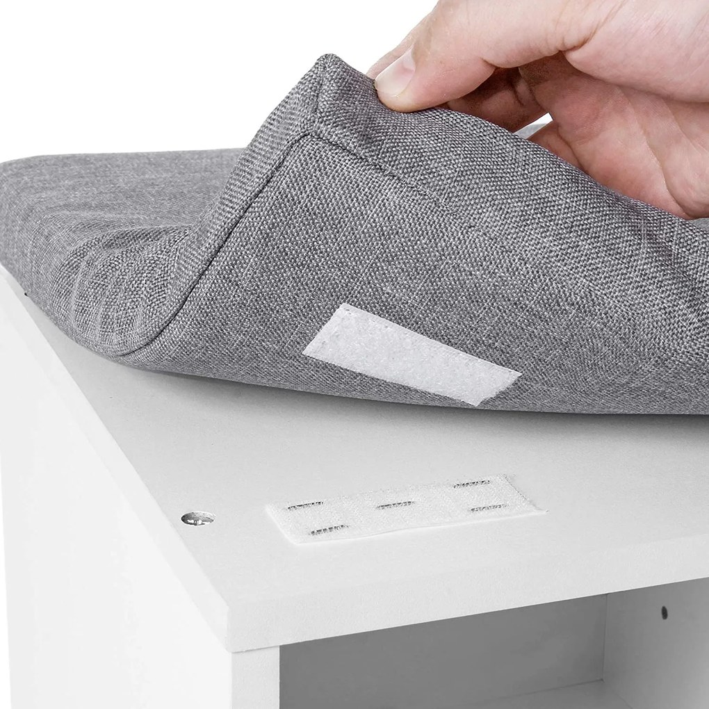 Lavica na topánky s 10 priehradkami, s poduškou, botník, biely