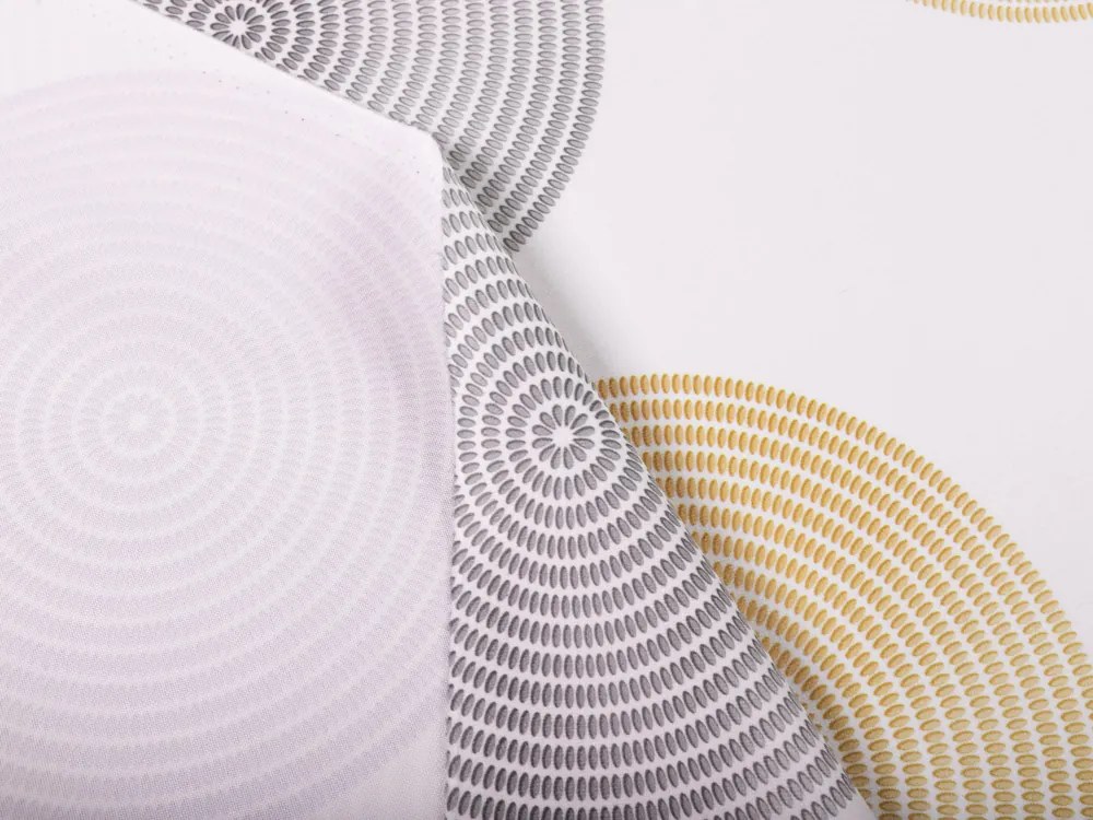 Biante Zamatový behúň na stôl Tamara TMR-023 Žlté a sivé designové kruhy na smotanovom 35x160 cm