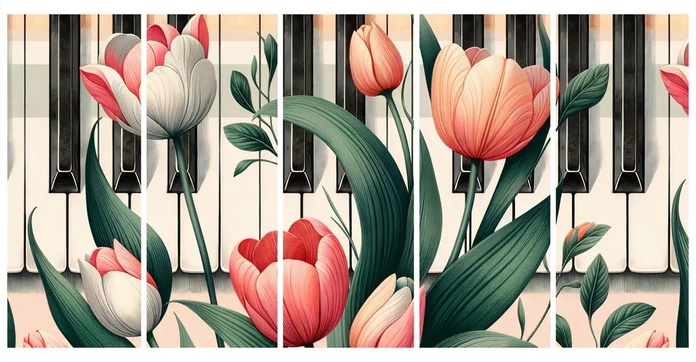 5-dielny obraz klavír a tulipány v kvetinovej symfónii