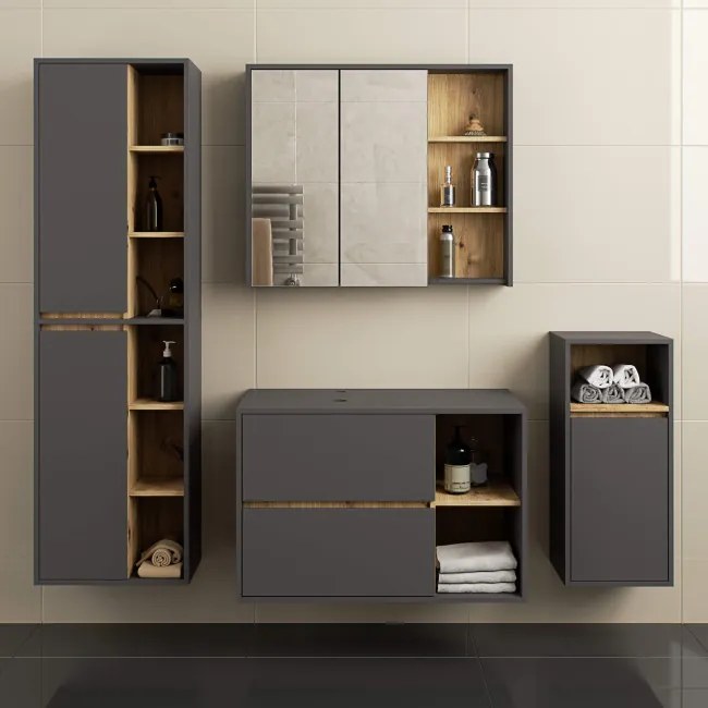 Kúpeľňová zostava VAMI s otvormi na umývadlo, grafitová / sivá / dub artisan