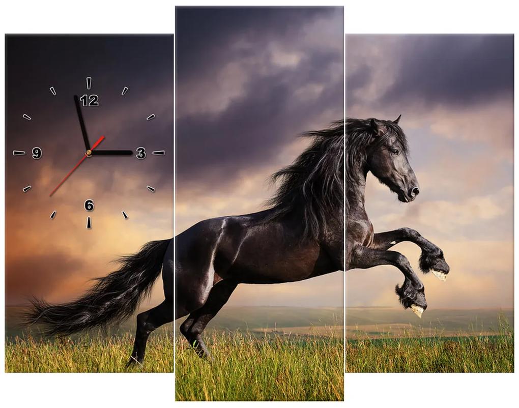 Gario Obraz s hodinami Silný čierny kôň - 3 dielny Rozmery: 80 x 40 cm
