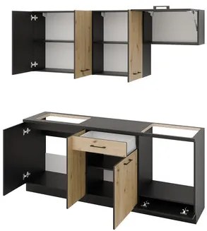Kuchynská linka Dendron 200, Farby: grafit / dub artisan + čierna skala, Osvetlenie: bez osvetlenia