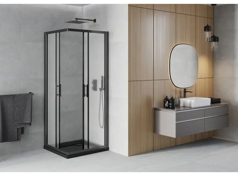 Mexen Rio, štvorcový sprchovací kút s posuvnými dverami 80(dvere) x 80(dvere) x 190 cm, 6mm sklo námraza, čierny profil + čierna sprchová vanička SLIM, 860-080-080-70-30-4070B