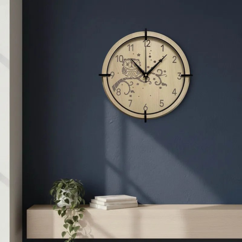 Detské hodiny Sova z javoru – tiché nástenné hodiny pre deti | SENTOP HDF0573-MAPLE