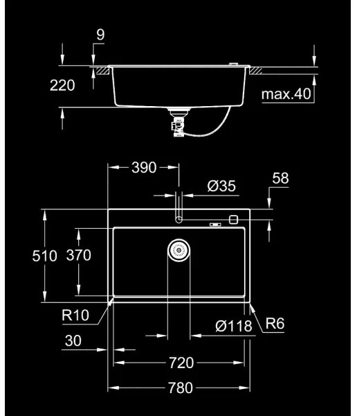 GROHE 31652AP0 - Kompozitný drez K700 780 × 510 mm granit/čierna