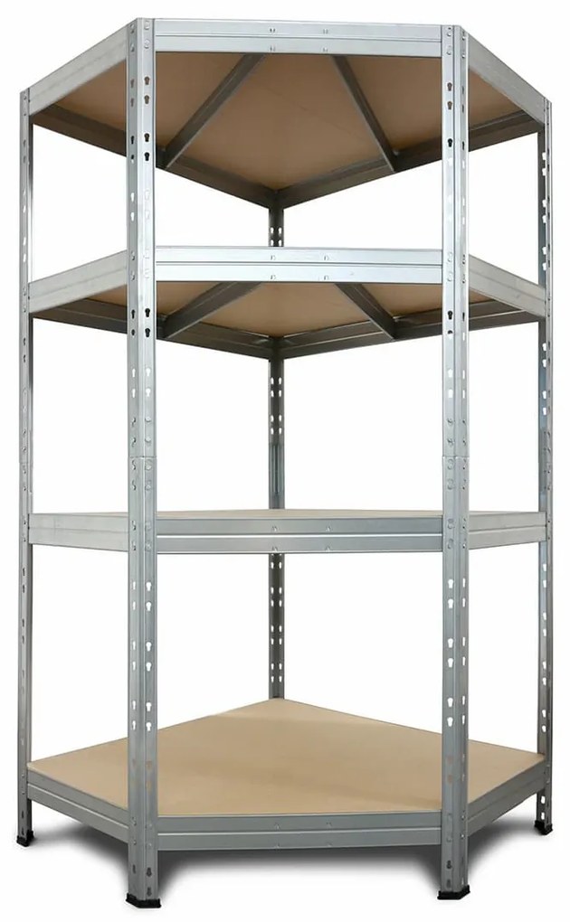 Rohový kovový regál RIVET, 180x90x45x64,5 cm, 4x HDF polica, zinok