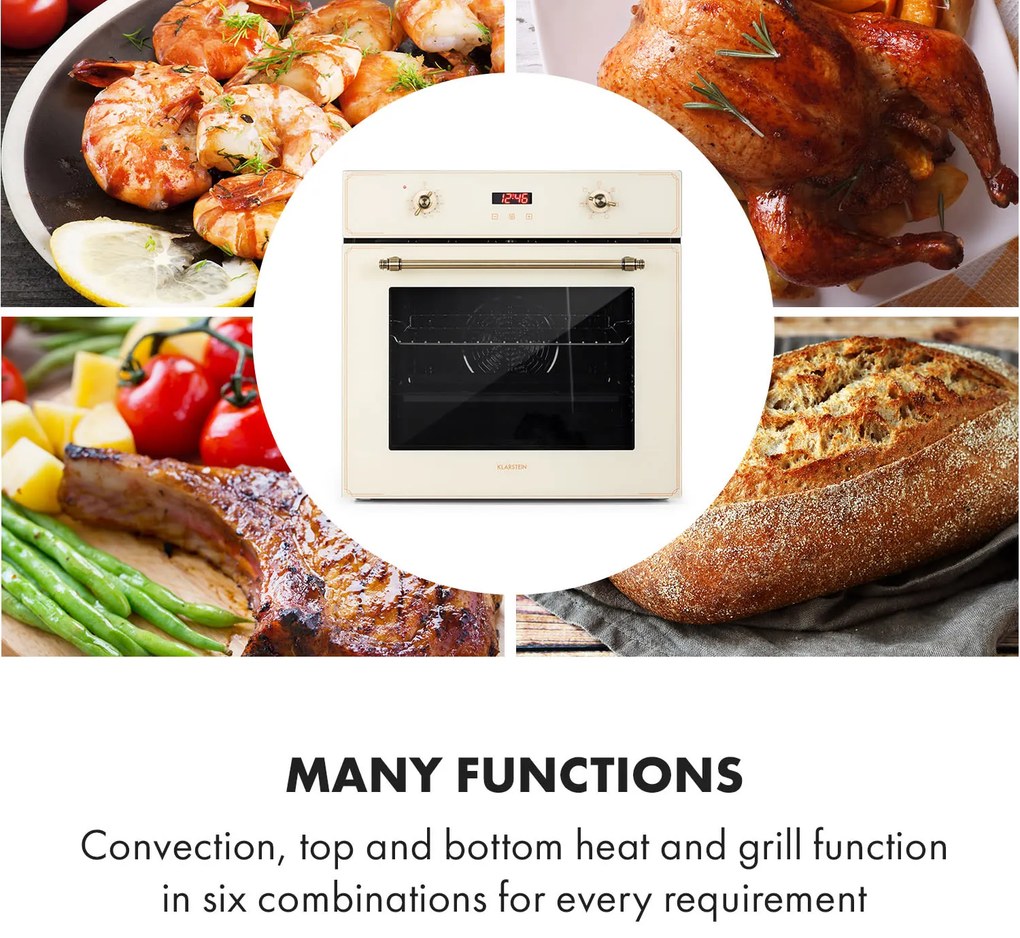 Klarstein Elizabeth, vstavaná rúra, retro dizajn, 6 funkcií, 50 – 250 °C, krémová