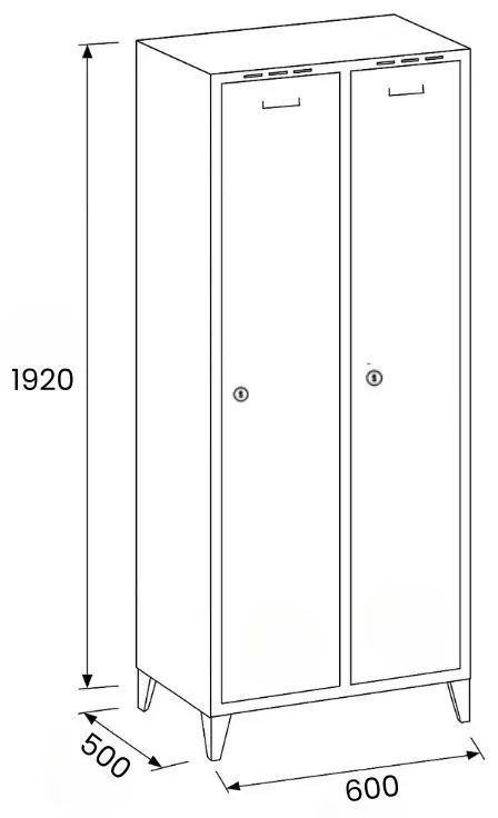 Plechová šatníková skrinka na nohách, 2-dverová, 1920 x 600 x 500 mm, otočný zámok, sivé dvere