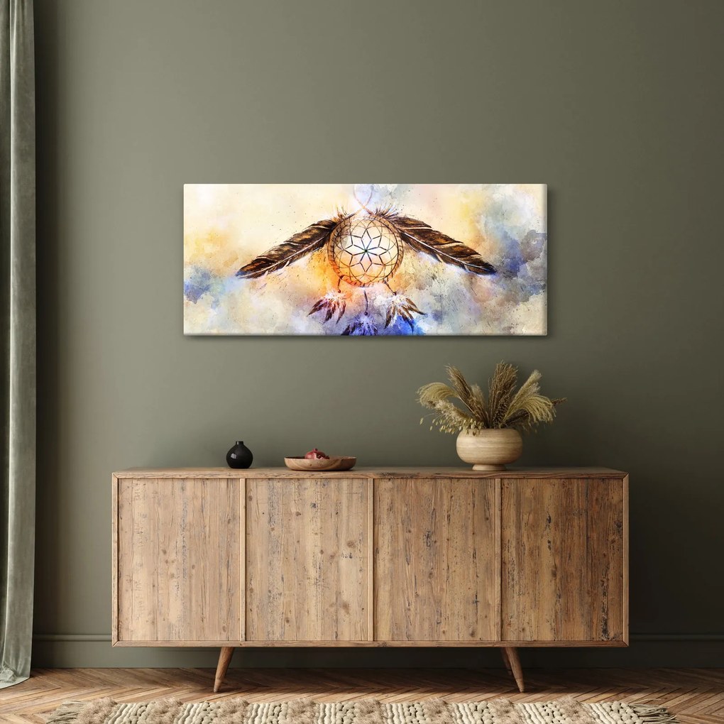 Obraz - Lapač snov s pierkami (120x50 cm)