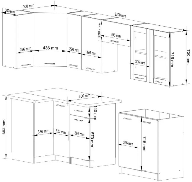 Rohová kuchynská linka OLIVIA H720 3 m s vitrínou betón