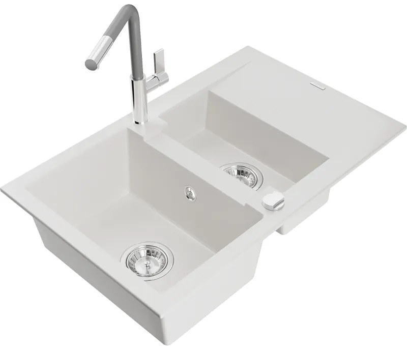 Mexen Gaspar, 1,5-komorový granitový drez 737x475x177 mm a drezová batéria Flora, biela, 6507-20-670401-06