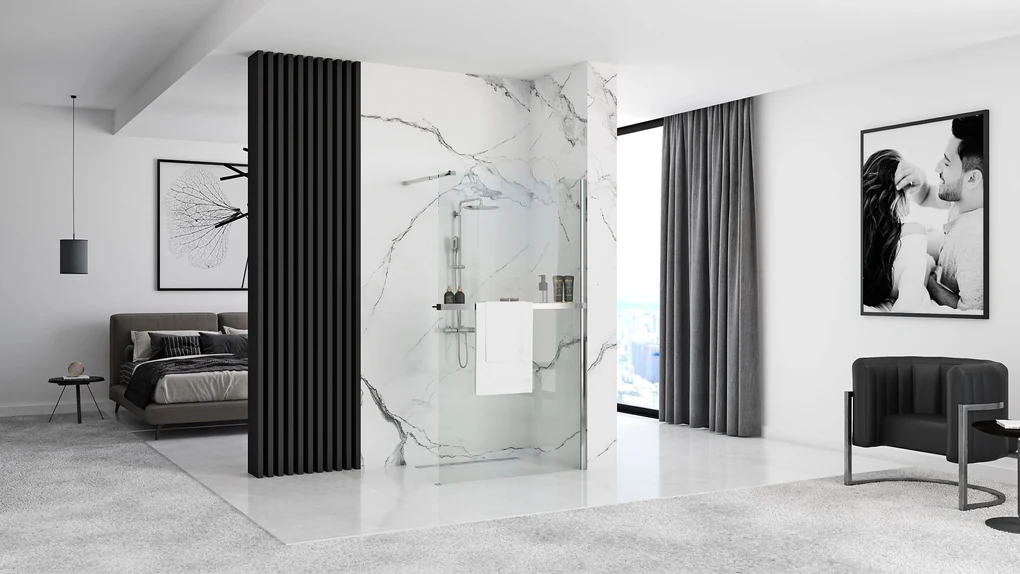 Rea Aero N, sprchová zástena typu Walk-In 110cm, 8mm číre sklo, chrómový profil + polička a vešiak EVO, KPL-K0612