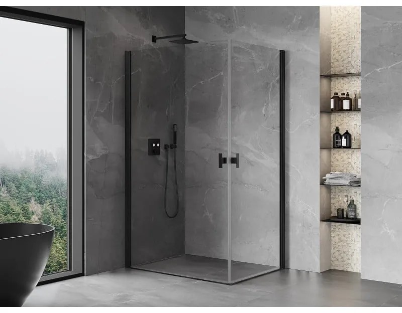 Mexen Mist-B Duo, 2-krídlový výklopný sprchový kút 80 x 75 cm, číre sklo, čierny profil, 8A2-080-075-70-00
