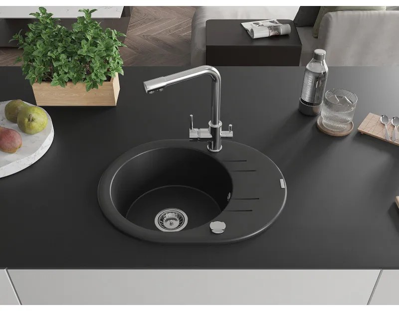 Mexen Kevin, drez granitový 586x458x190 mm, 1-komorový a zlatá Duero batéria, čierna - strieborná metalíza, 6517-77-671600-00