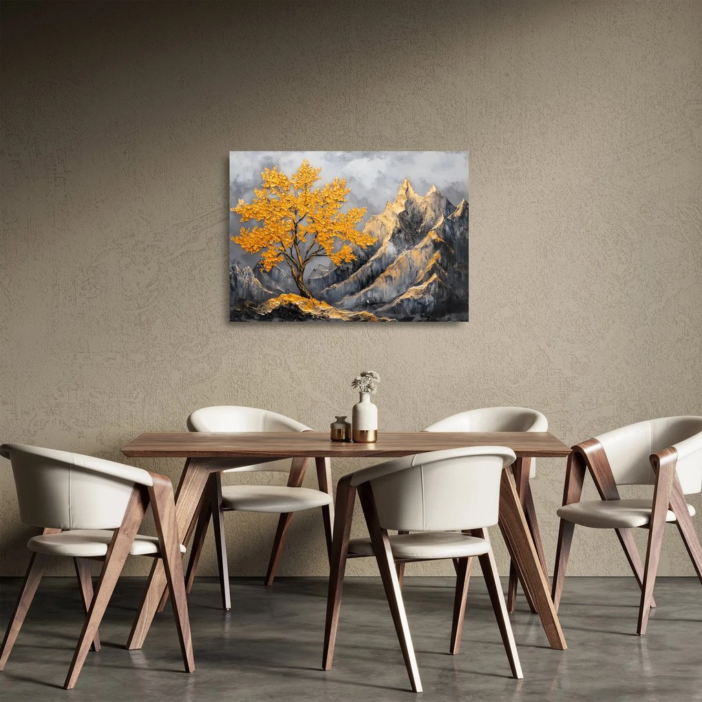 Sklenený obraz – Zlatý strom v horách (70x50 cm)