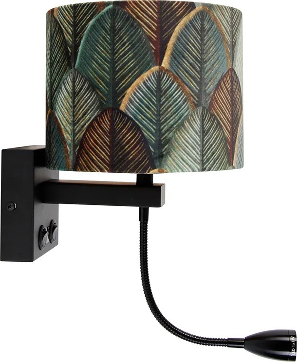 Nástenná lampa čierna s zamatovým tienidlom s dizajnom listu a zlatým vnútorným priestorom - Brescia Combi