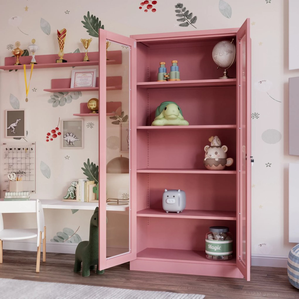 Sklenená vitrína AMELIA, 900 x 1850 x 400 mm, Fresh Style: púdrovo ružová