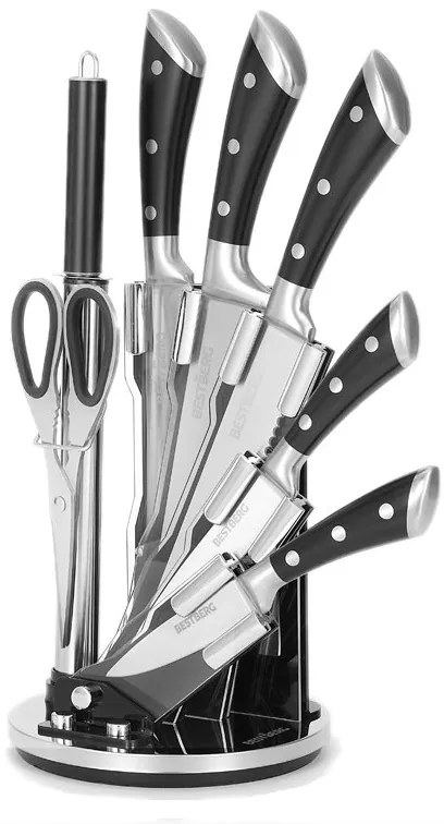 8-dielna súprava nožov s otočným stojanom BestBerg BBK-8SB / čierna/strieborná
