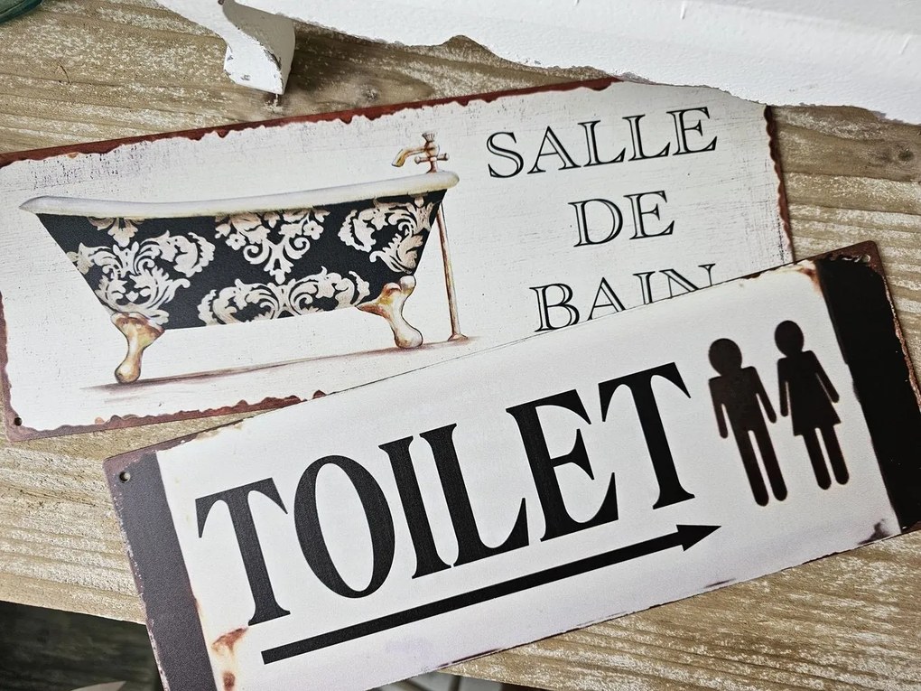 Béžová antik nástenná kovová ceduľa Toilet - 36*13cm
