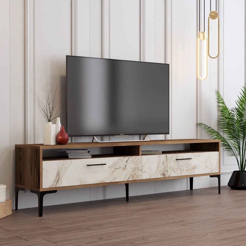 TV stolík/skrinka Irma 2 (orech + biely mramor). Akcia -18%. Vlastná spoľahlivá doprava až k Vám domov. 1088901