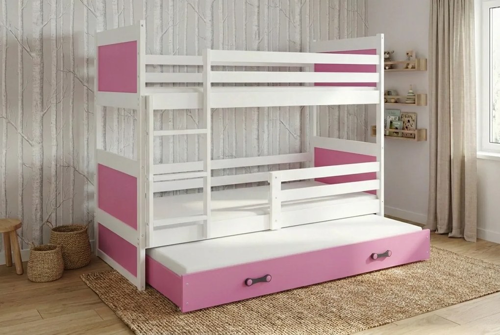 Poschodová posteľ s prístelkou RICO 3 190x90 Biela - Ružová