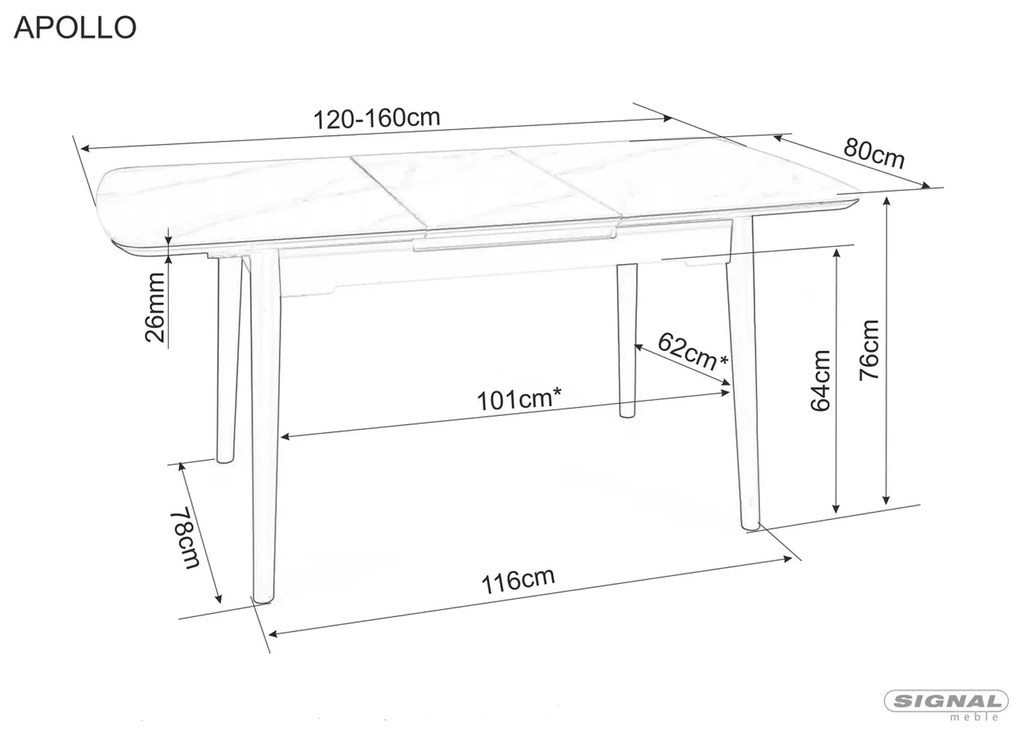 Rozkládací jídelní stůl Apollo 120/160 cm bílý mramor/černý