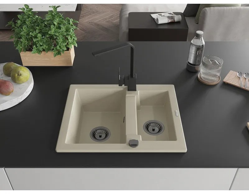 Mexen Carlos, 1,5-komorový granitový drez s odkvapkávačom 582x475x177 mm a čierna kuchynská batéria Rita, béžová, 6518-69-670300-70