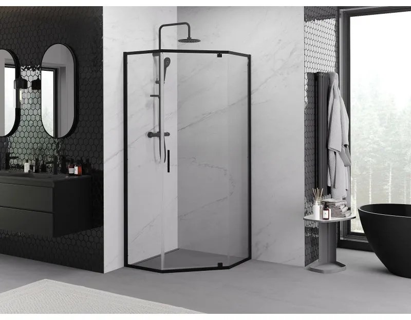 Mexen Exo, päťuholníkový sprchový kút s výklopnými dverami 80 x 80 cm, 6mm číre sklo, čierny profil, 812-080-080-70-00