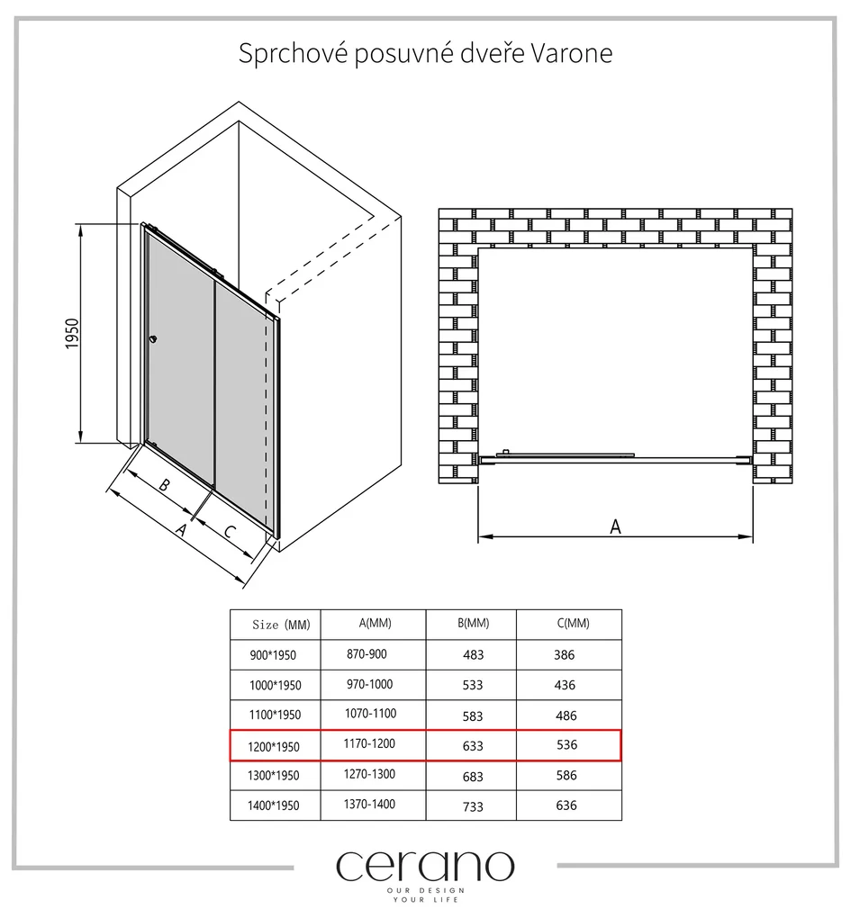 Cerano Varone, sprchovací kút s posuvnými dverami 120 (dvere) x 70 (stena) x 195 cm, 6mm číre sklo, chrómový profil, CER-CER-DY505-12070