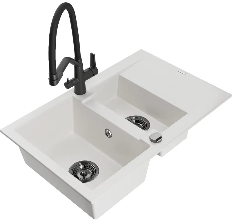 Mexen Gaspar, granitový drez 737x475x177 mm, 1,5-komorový a drezová batéria Duo, biela, 6507-20-671701-70-B