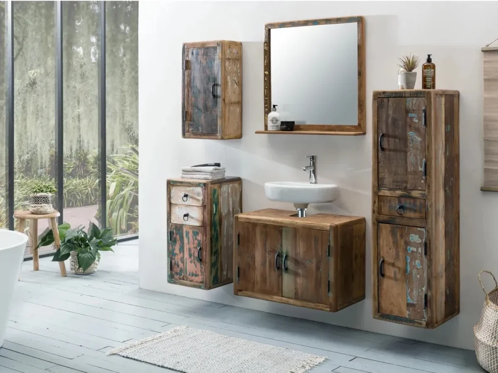 furniture-nabytek.cz - Masívna kúpeľňová skrinka Kalkata z recyklovaného dreva, lakovaná, viacfarebná – 35×35×125 cm