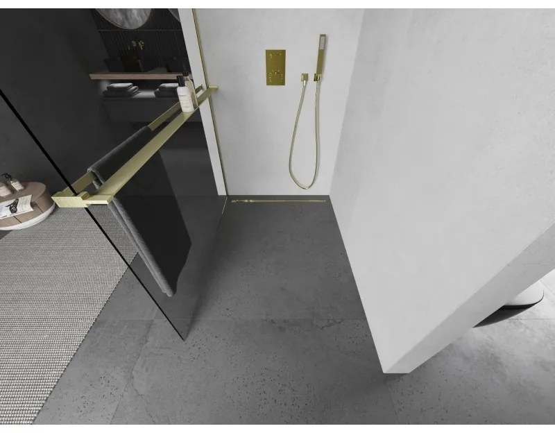 Mexen Kioto+, sprchová zástena Walk-In s poličkou a vešiakom 90 x 200 cm, 8mm číre sklo, zlatý matný profil, 800-090-121-55-00