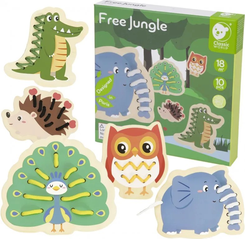 Navliekanie drevených zvieratiek na šnúrky – 10 ks