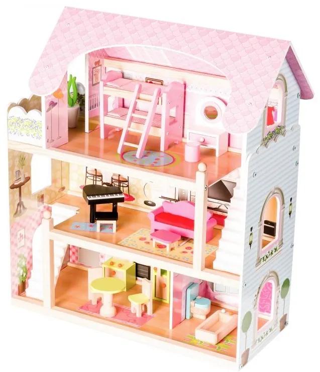 Drevený domček v ružovej farbe s bábikami