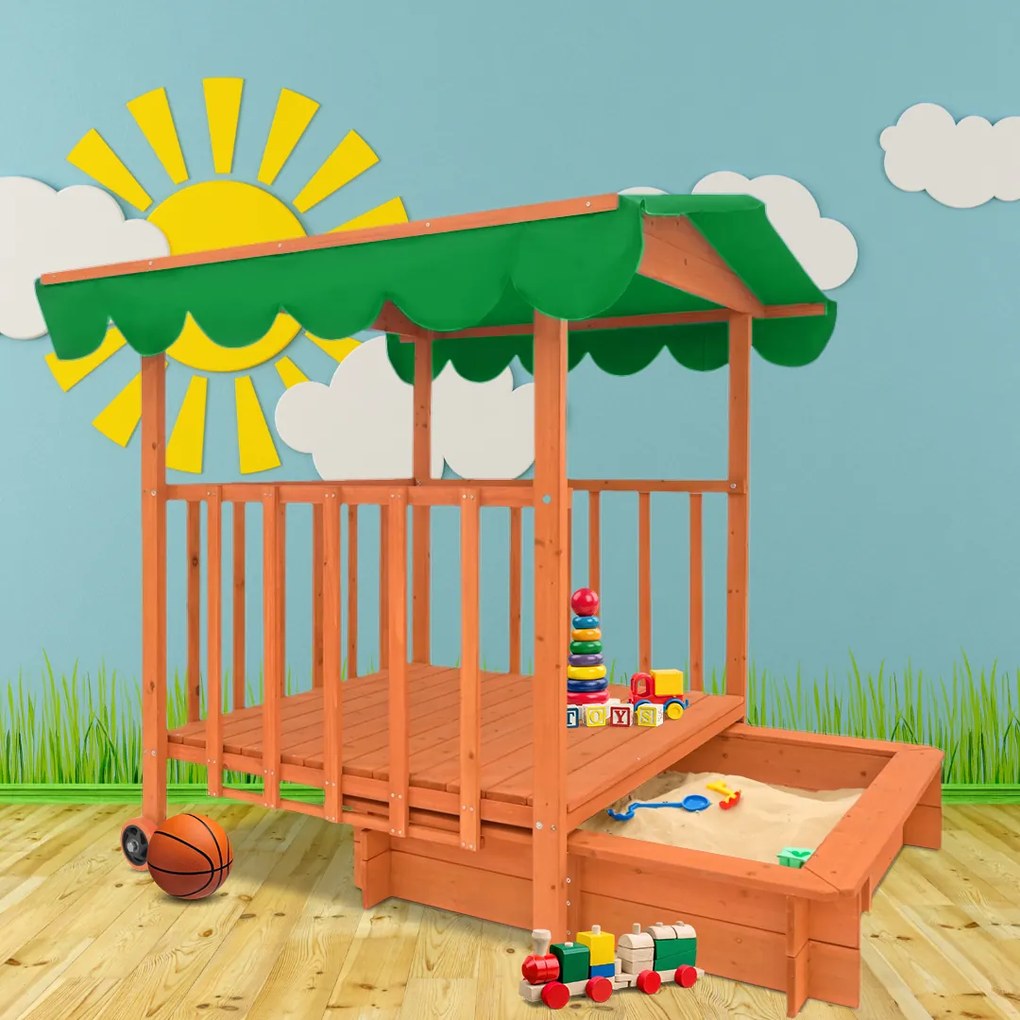 Pieskovisko s verandou HAPPY, 130x130x143cm, hnedá/zelená Jurhan